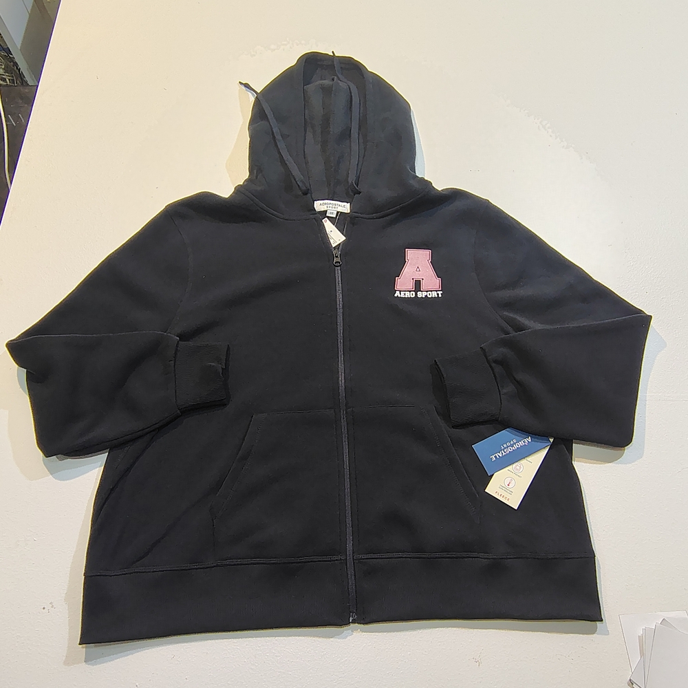 Aeropostale Black Zip Hoodie with Pink 'A' Patch